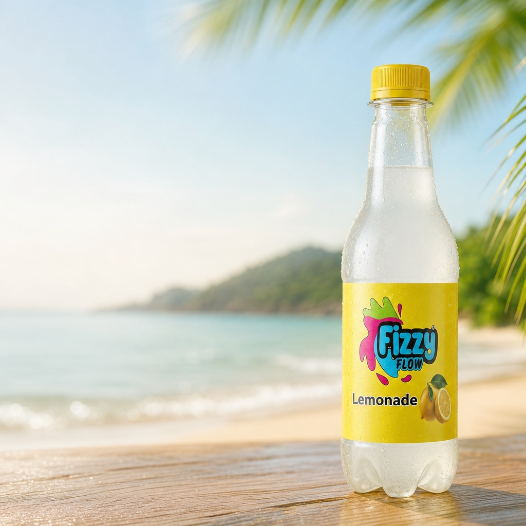 Fizzy Flow lemonade bottle on a sunny beach with palm trees